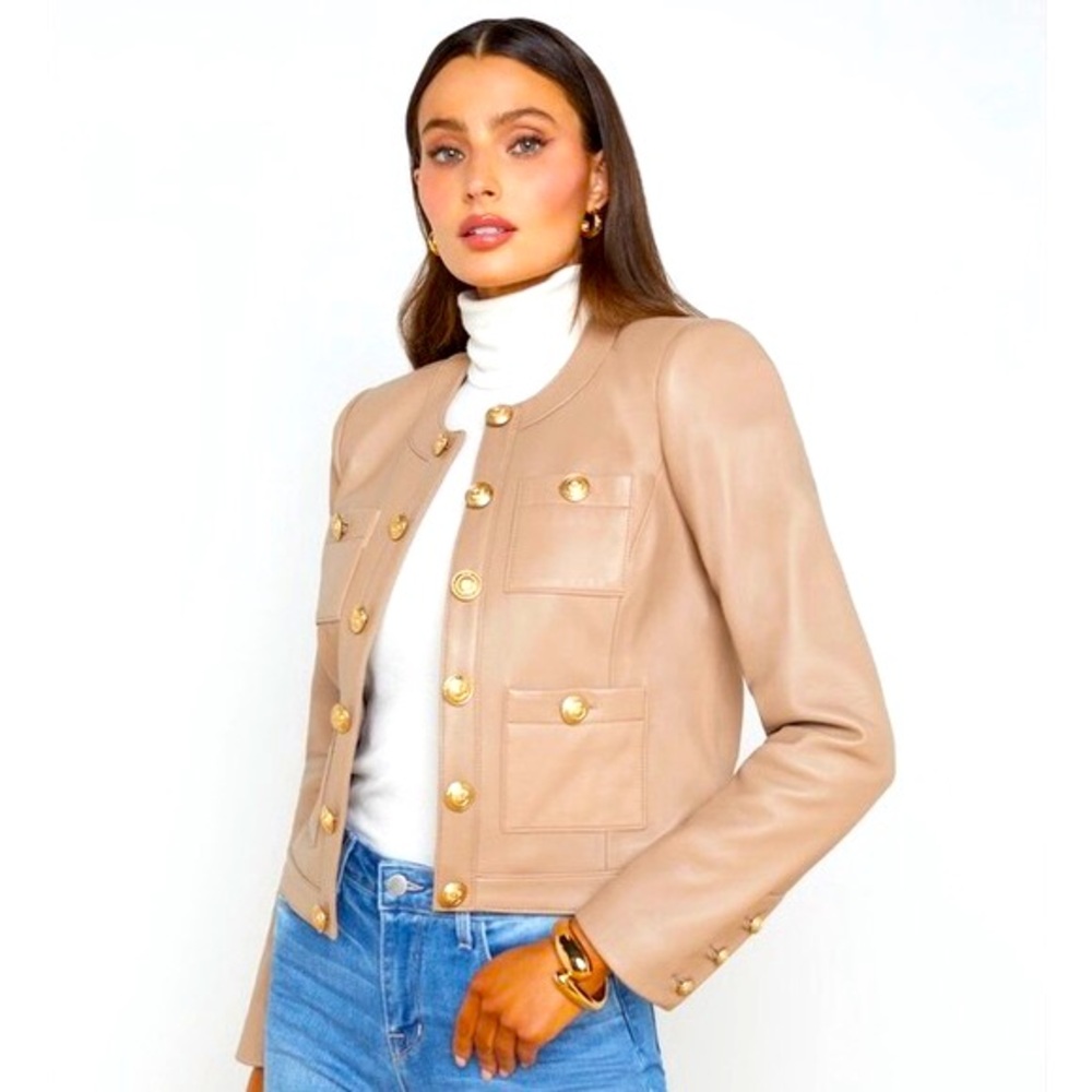 NWT L'AGENCE Jayde Lamb Leather Collarless Jacket Cappuccino Large 12 $1450msrp